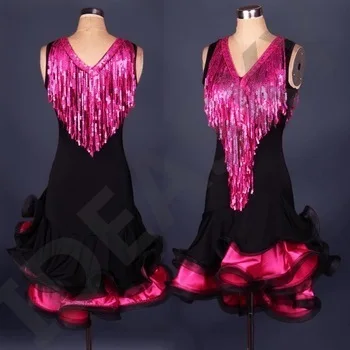 High quality lady V-neck sequins tassel Latin dance clothing adult Latin Rumba samba competition performance Ballroom dancewear