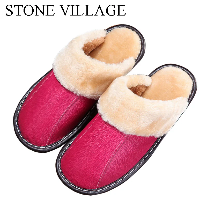 

Genuine Leather slippers Warm plush Slipper women Couples Winter Indoor\Outside Flats women slippers shoes Women home Slippers