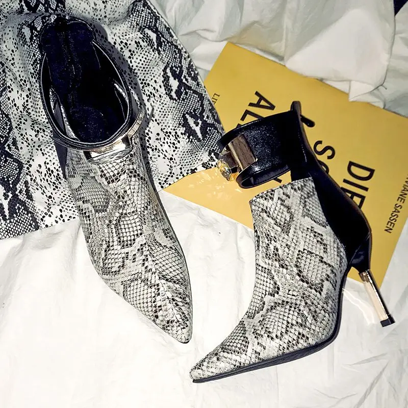 EGONERY Sexy woman Chelsea booties crystal decoration Spring snakeskin pattern super high thin heels shoes party ankle boots