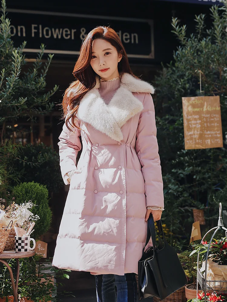 Dabuwawa Turn Down Collar Fur Winter Women Long Coat White Duck Down Green Pink Thick Warm Outerwear Down Jacket Streetwear