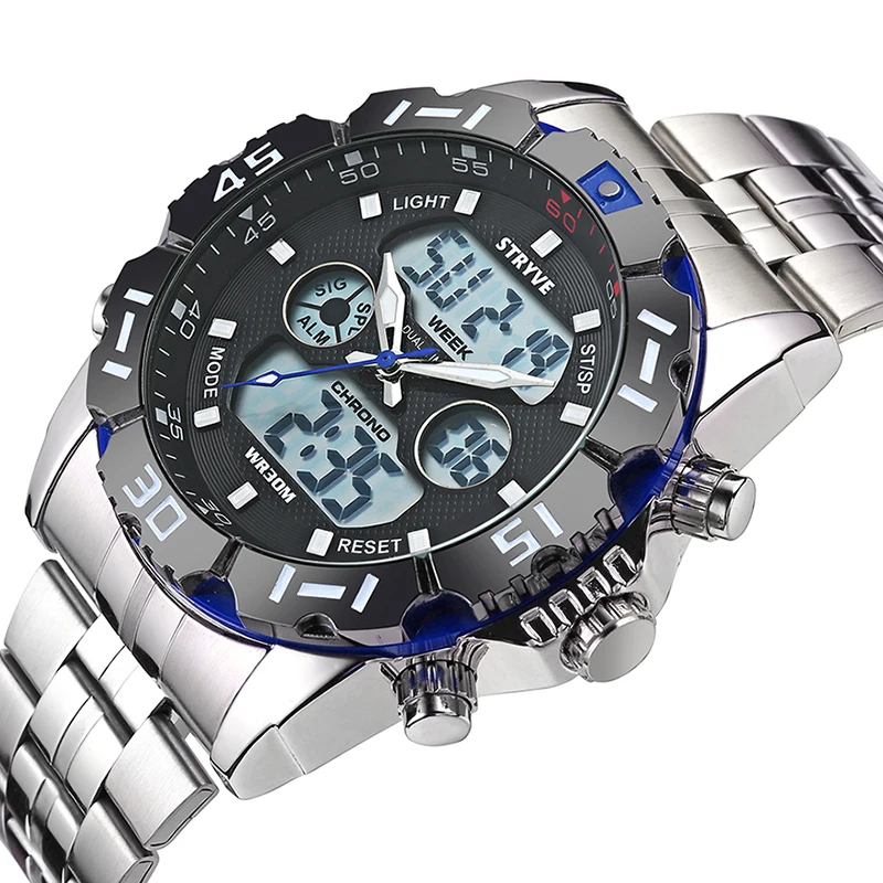 Stryve 8011 Роскошные брендовые водонепроницаемые военные спортивные часы мужские Цифровые кварцевые часы из нержавеющей стали с двойным дисплеем montre homme