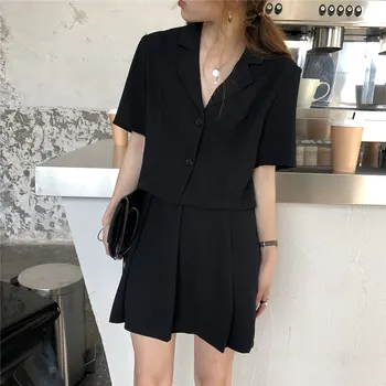 

Alien Kitty 2019 Summer Fashion Thin Two Piece Loose Solid Black Shirts + Sexy Casual Pleated Skirts All Match Sets Plus Suit