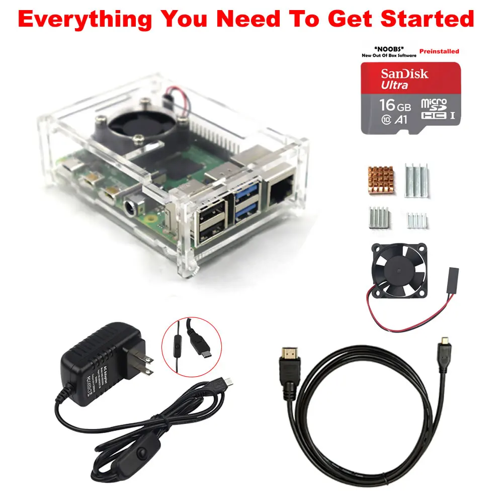 

Raspberry Pi 4 Model B Starter Kit Power Supply Acrylic Case Fan Heatsink HDMI