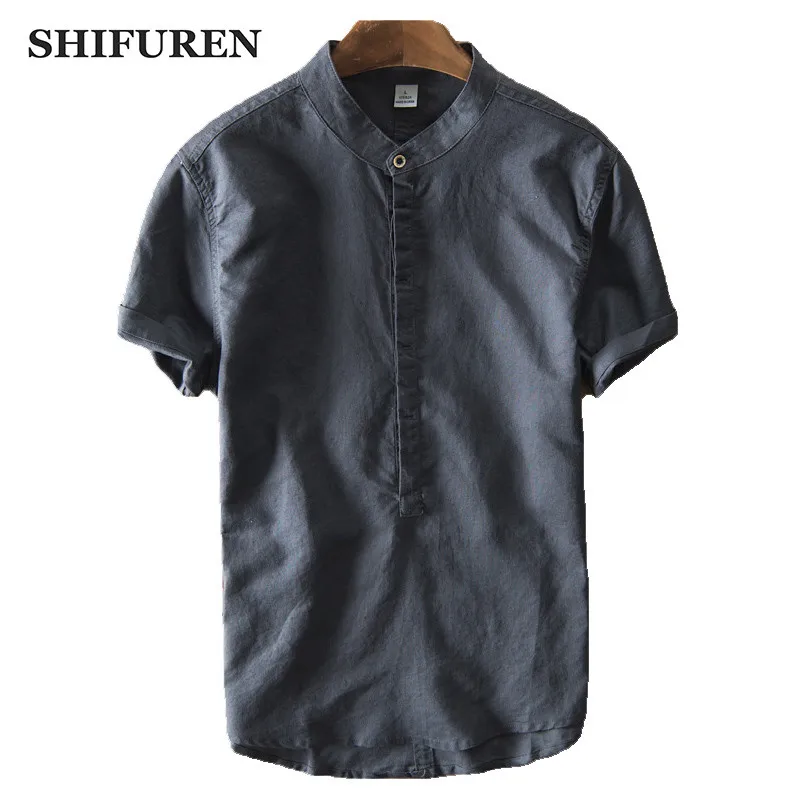 

SHIFUREN Summer New Breathable Short Sleeve Cotton Linen Shirts Men Loose Fit Mandarin Collar Male Causal Dress Shirts Tops