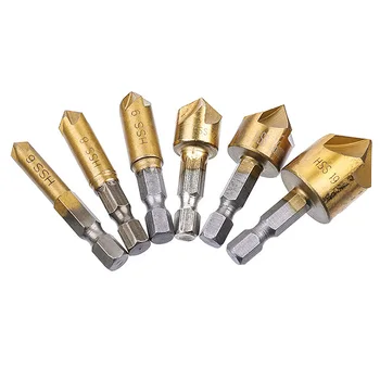 

6 Pcs Countersink Drill Bit Set 1/4'' Hex Shank HSS 5 Flute Countersink 90 Degree Wood Chamfering Cutter Chamfer 6mm-19mm