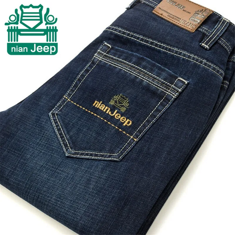 NianJeep Autumn Thickness Straight Cotton Jeans Striped Style Good Quality Man s Slim Trousers Blue Color