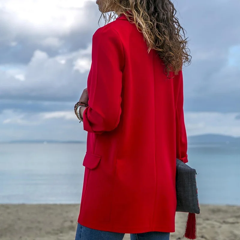 Fashion Slim Blazers Women Autumn Suit Jacket Female Work Office Lady Suit Red None Button Business Notched Blazer Coat