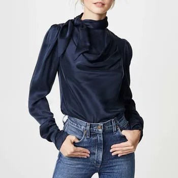 

2019 Spring New high street turtleneck women blouses office lady elegant puff sleeves top ladies blusas