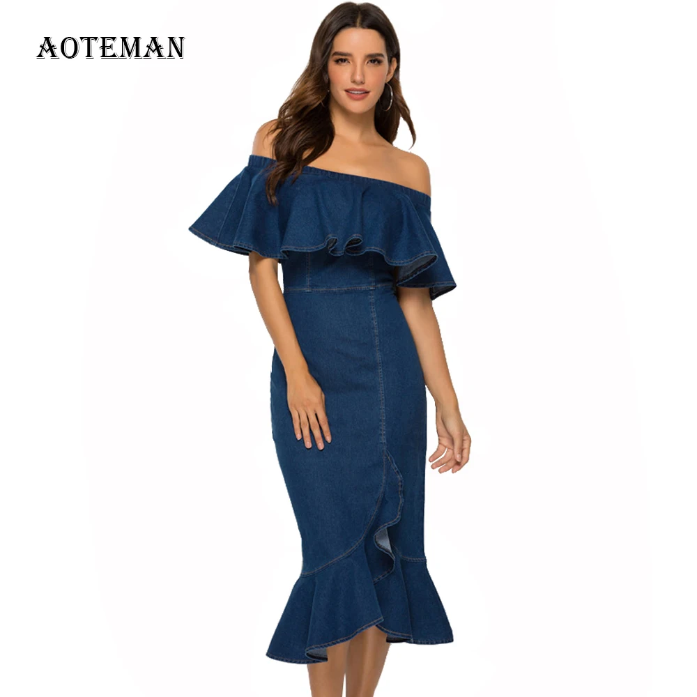 

Summer Dress Women 2019 Sexy Vintage Off Shoulder Bodycon Denim Party Dresses Female Elegant Ruffle Office Solid Slim Long Dress