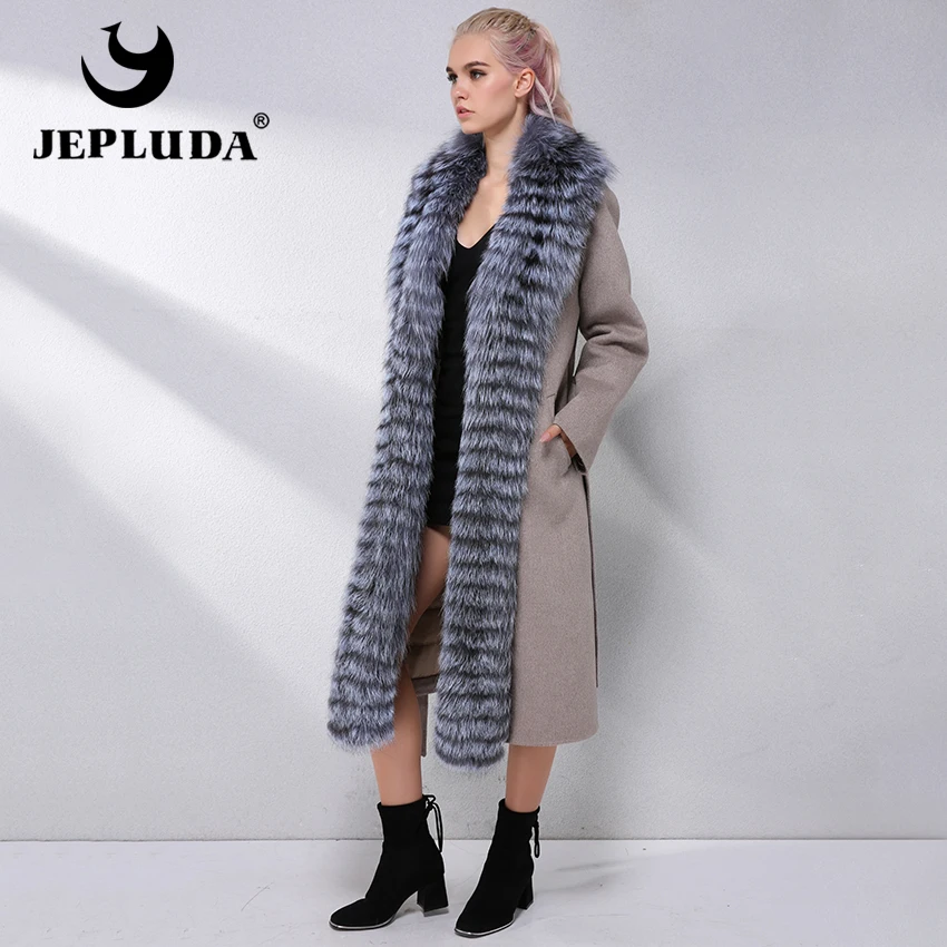 

JEPLUDA New Luxurious Oversized Real Fox Fur Collar Cashmere Coat 100% Wool Winter Real Fur Coat Women Clothes Real Fur Jacket