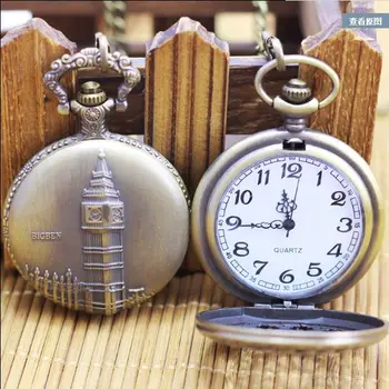 

Fashion Souvenir Gifts Retro Bronze Copper Big Ben London Quartz Pocket Watch Clock Hour Necklace Pendant Chain for Men Women