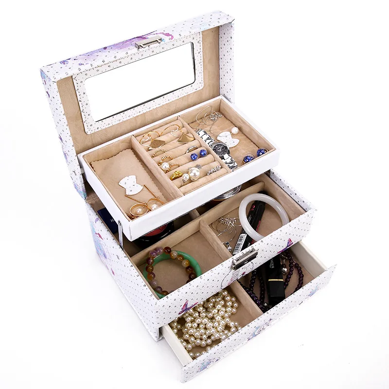 

New Multifunction PU Storage Casket Women Printed Three Layers Makeup Storage Box Jewelry Box Sundries Cosmetic Organizer