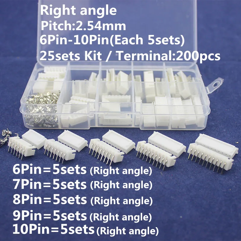 

25 sets Kit in box 6p 7p 8p 9p 10 pin Right angle 2.54mm Pitch Terminal / Housing / Pin Header Connector Wire Connectors XH Kit