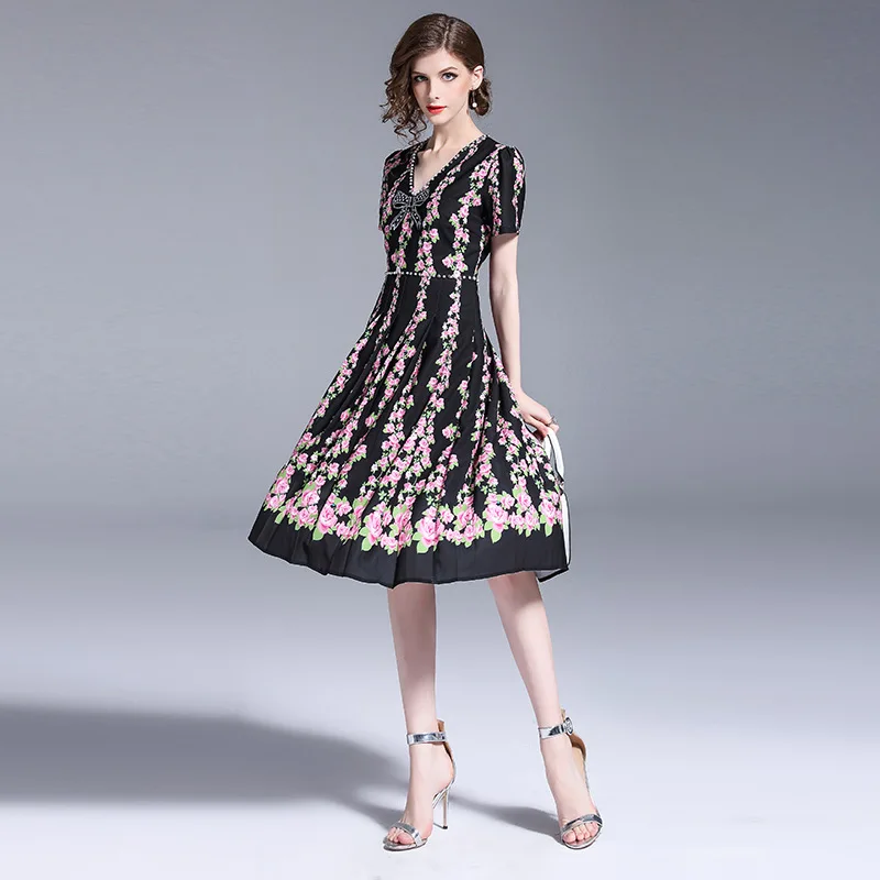 Vintage Chiffon Dress Women Black Floral Print Beading V