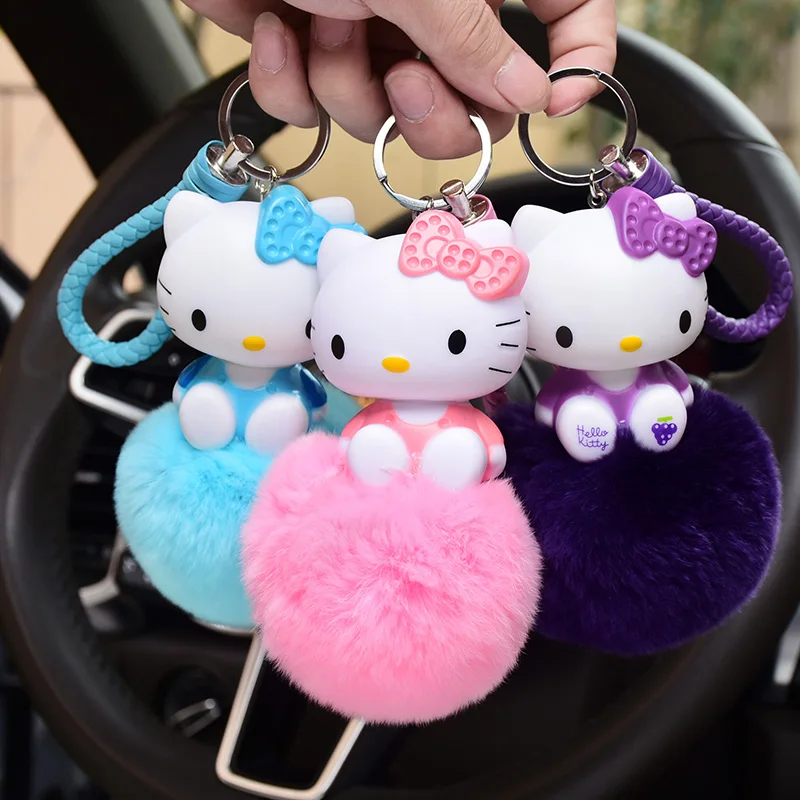 

Cute Hello Kitty Cat Minions Keychain Fluffy Rabbit Fur Pom Pom Key Chain Holder Mistress Charm Bag Pendant Porte Clef Key Ring