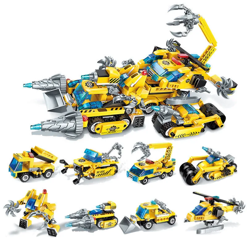 

622 Pcs Construction Vehicle Series 8 In 1 Vehicle Helicopter Bulldozer Roller Building Blocks DIY Compatible Bricks For Kid Toy