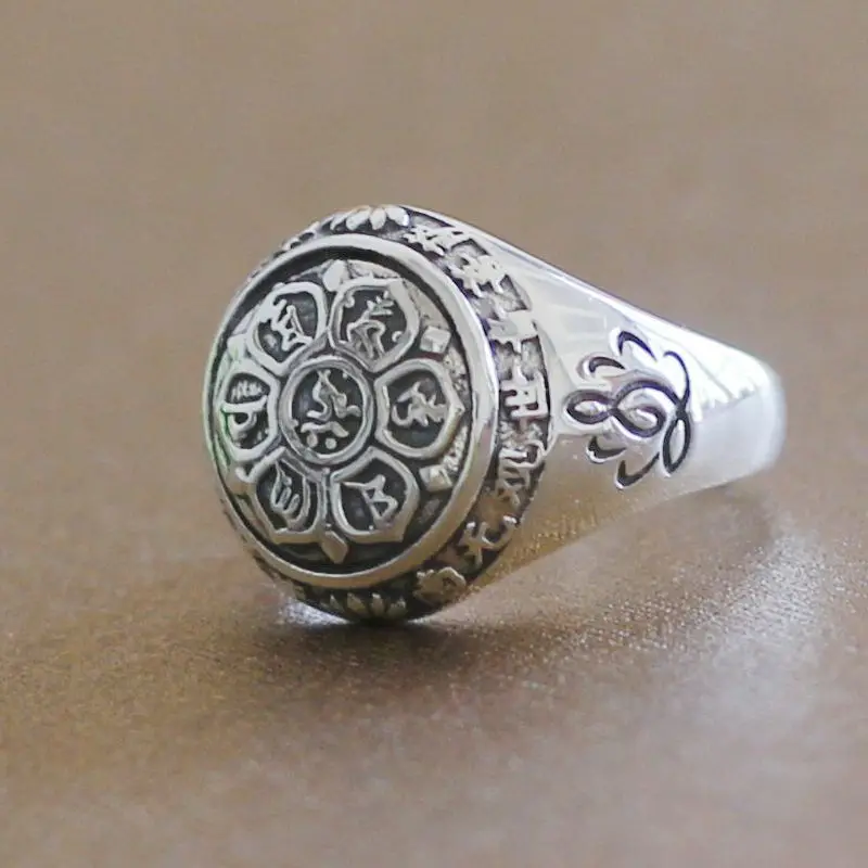 

High Quality 100% Real 925 Sterling Silver Jewelry Buddhistic Six Words' Mantra Rings for Women Men Lovers Gifts Dropshipping