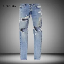 Best version men Vintage destroyed skinny blue denim jeans Mens Knee Hole slim Distressed Jeans Knife Cut Ripped Jeans For Men