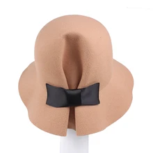 Difanni Досуг зима осень женский Одноцветный женская панама шерсть ощущение Теплый круглый топ шляпа рыбака бантом Элегантный Fedora