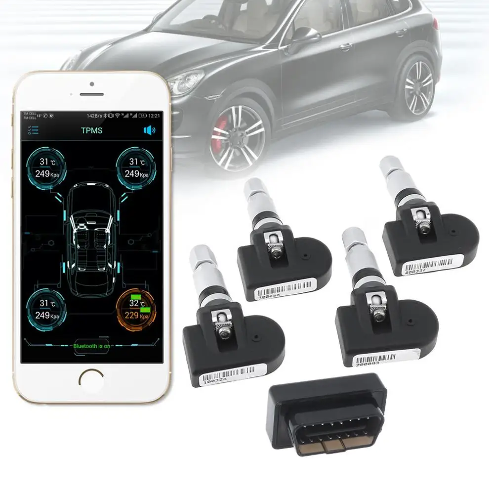 

4pcs Smart Bluetooth 4.0 OBD Car TPMS Tyre Tire Pressure Alarm Monitoring System APP Display Bult-in Sensors Support Android IOS