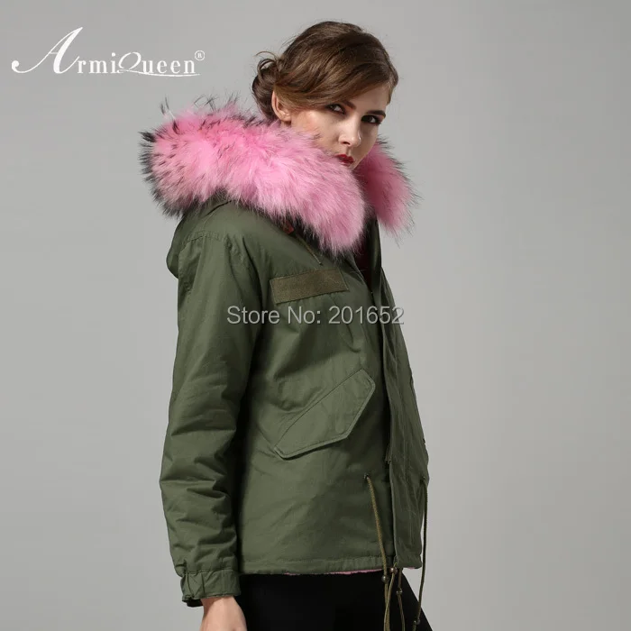 Excellent 2015 Real Raccoon fur parke jacket mens womens pink faux fur lined coat  fashion show outwear c0153 3
