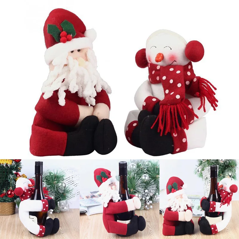 2 Set  2016 Newest Red Wine Bottle Cover Bags Hug Santa Claus Snowman  Dinner Table Decoration Home Christmas Party Decors