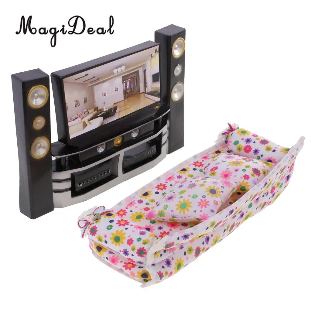 1/6 Scale Dollhouse Miniature TV+Long Sofa+Fan Set Living Room Furniture Decoration for Dolls Action Figures Accessory