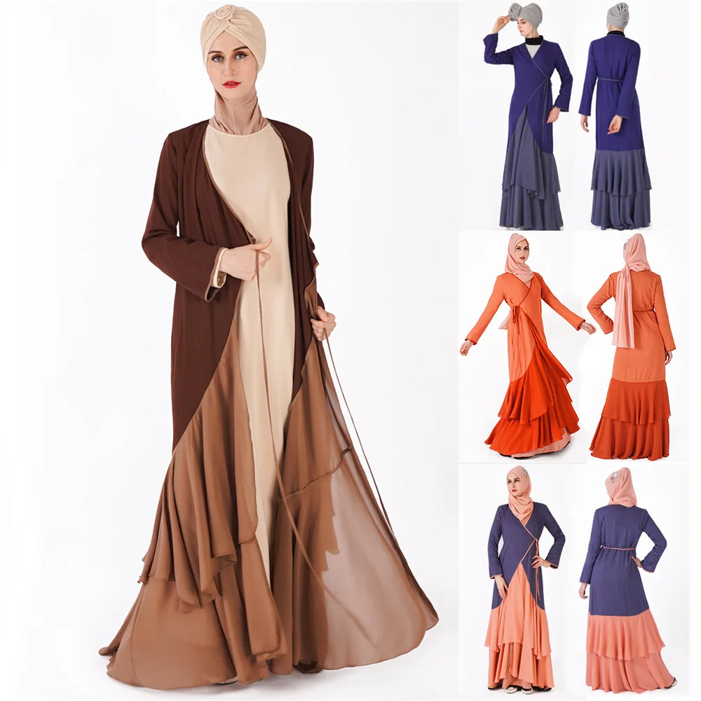 

Abaya Women Casual Color Block Lotus Kimono Dress Cardigan Muslim Abayas For Women