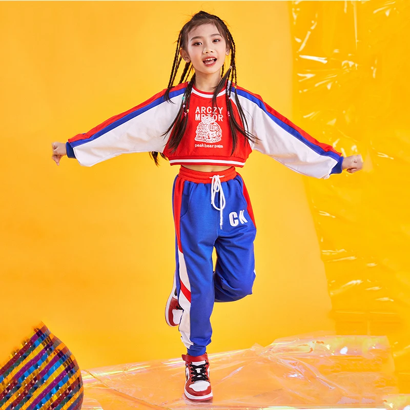 Танцевальные костюмы в стиле хип-хоп; Детские топы с длинными рукавами; штаны в стиле джаз уличный танцевальный костюм для девочек; современный сценический танцевальный костюм для детей; DNV11388