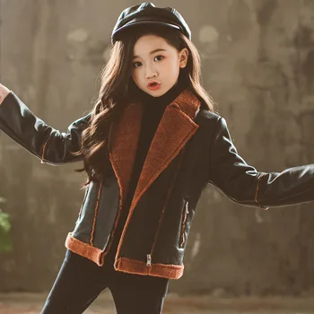 

Winter Children PU Leather Jackets Kids Lambs Wool Plus Velvet Overcoats Girls Autumn Coats Children Solid Casual Outerwear P207
