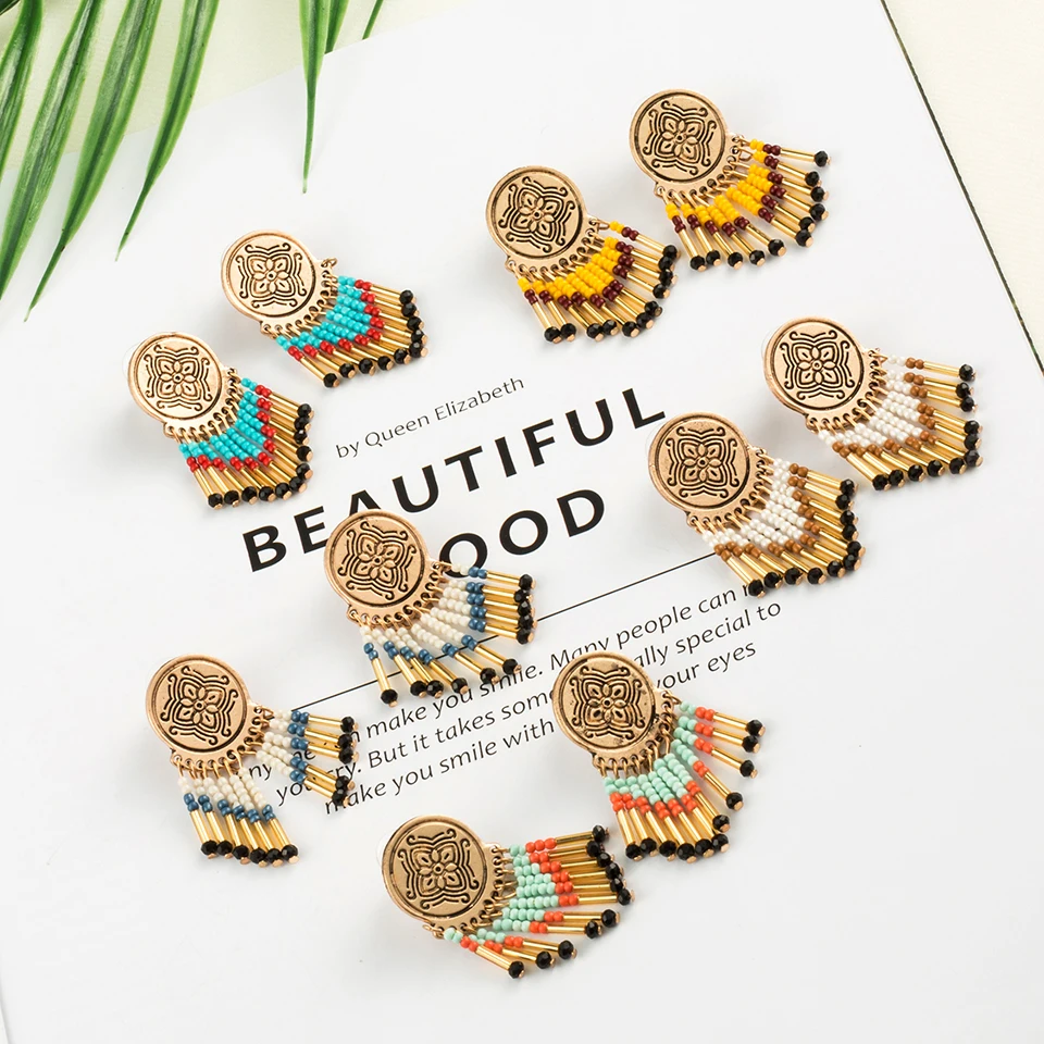 

Bohemia Charm Bead Tassel earrings Ethnic Sunflower Drop earrings for women Golden & Silver Chain Long tassel Women' earring