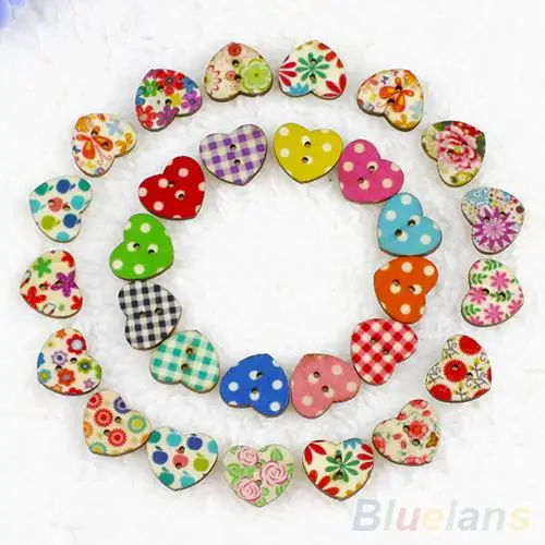 

100Pcs Multicolor Heart Shaped 2 Holes Wood Sewing Scrapbooking Buttons hot