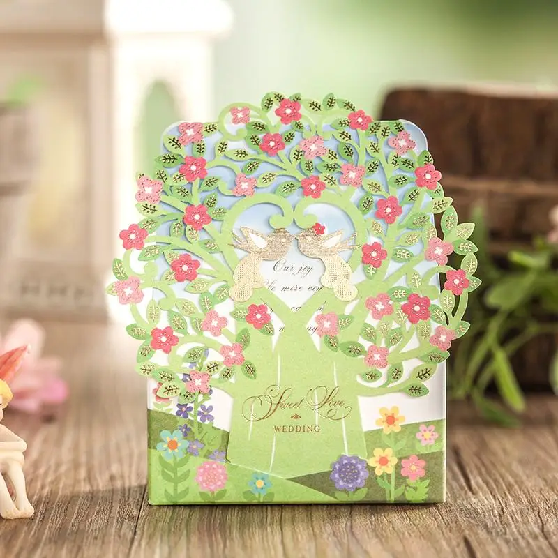 Laser Cut Green Color Wedding Tree Shaped Candy Box Party gift favor holder 50PIECE/LOT