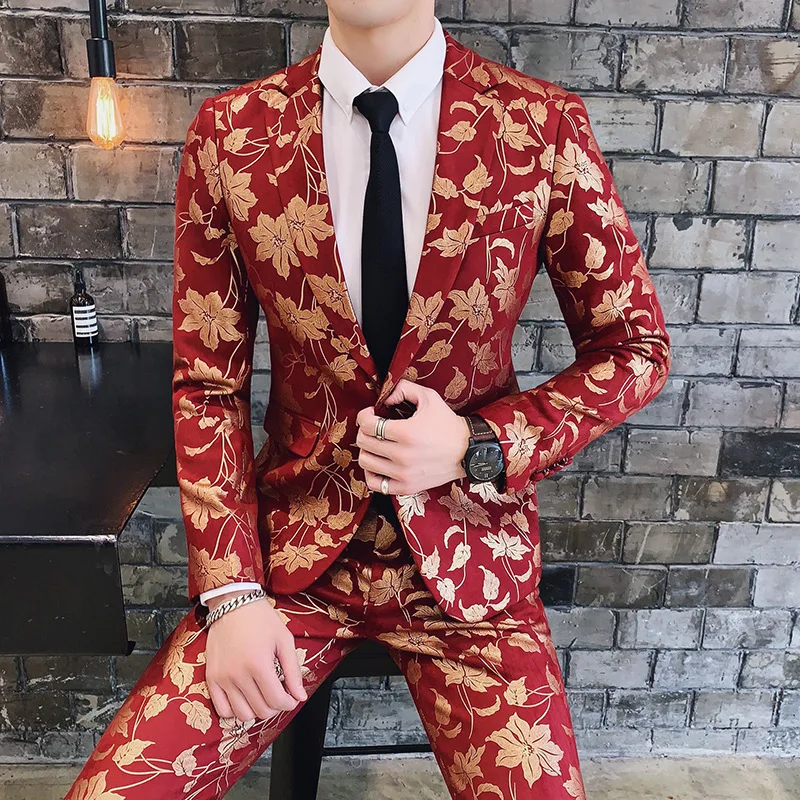 Velvet Bronzing Suits Mens Wedding Suits 2018 Red Gold Suits Mens Party
