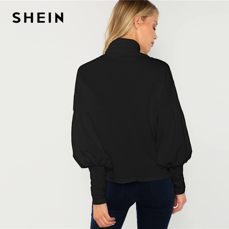  SHEIN Black Office Lady Mock Neck Leg-of-Mutton Sleeve Solid Pullover Sweatshirt Autumn Workwear El