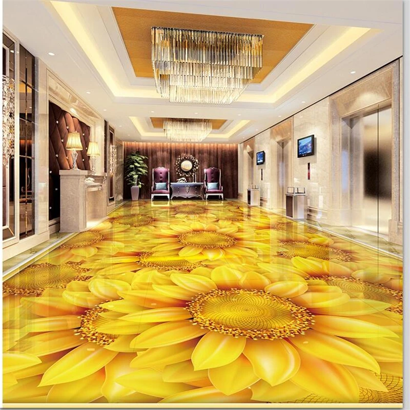 

beibehang Custom floor painting 3d sun flower Sunflower plant flower 3D living room self-adhesive floor tiles papel de parede