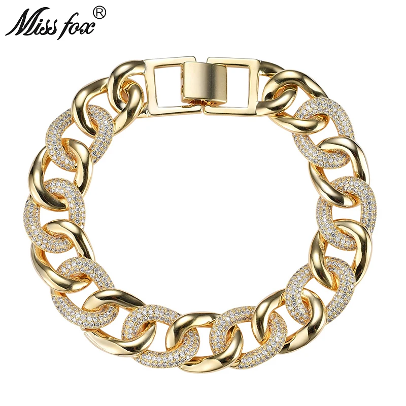 

Missfox Fashion Gold Color Hip-hop Copper Metal Cuban Chain Bracelet All Iced Out High Quality Jewelry For Male Personality Gift