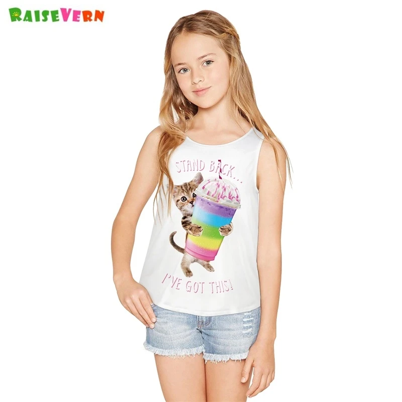 

Summer Kids Underwear Vest Funny Cat Ice Cream Print Girls White Tank Tops 7 9 10 13 Years Teenager Undershirt Camisole Clothing
