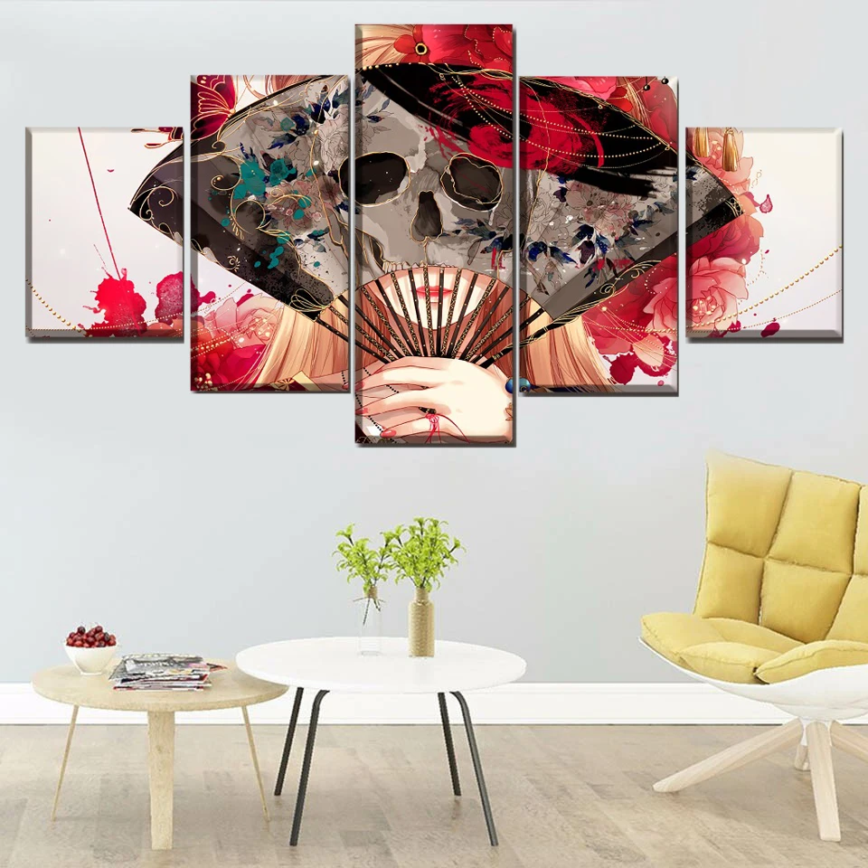 

5 panel animation girl fan abstract skull face poster painting wall art modular picture home decoration canvas print frame
