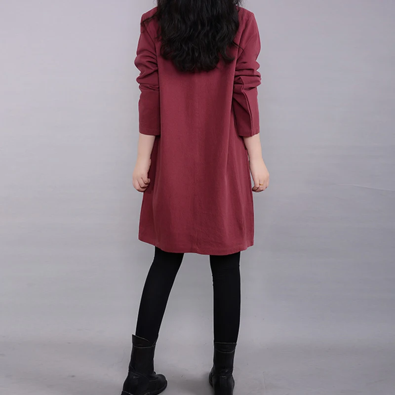 Cotton Linen Women's Long Sleeve Dress Ladies Solid Casual Loose Party Dress New
