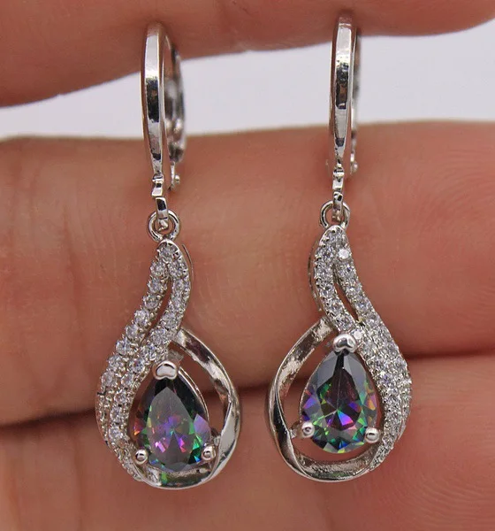 

Double Fair Rainbow Stone Drop Earring For Women Silver Color WaterDrop AAA+Cubic Zirconia Party Birthday Fashion Jewelry KAE115