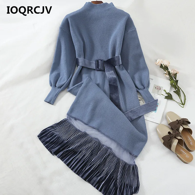 

Women Knitted Sweater Lace Stitching Mermaid Midi Dress Long Sleeved Casual Bottoming Top Belt Elegant Sexy Party Vestidos L141