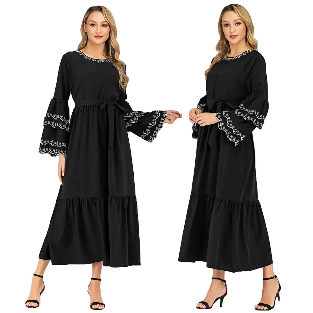 Abaya Women Muslim Long Sleeve Maxi Dress Islamic Arab Loose Robes Lady Gown Ruffle Puff Draped Design O-neck Dubai | Тематическая