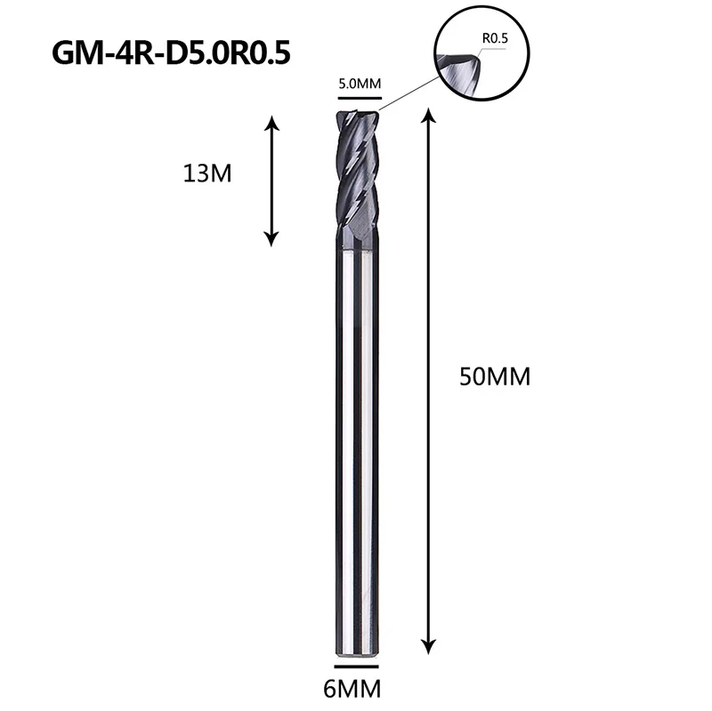 GM-4R Вольфрамовая сталь 4 флейты радиус с угловым покрытием Концевая фреза Фрезерный резак режущие инструменты для обработки металла профиль HRC45 - Длина режущей кромки: GM-4R-D5.0R0.5
