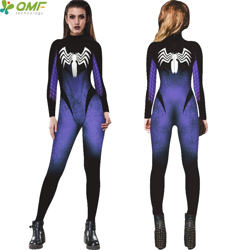 Blue Black Spider man One Piece Swimwear Women Full Sleeve Jumpsuits Long Elastic Pants Gym