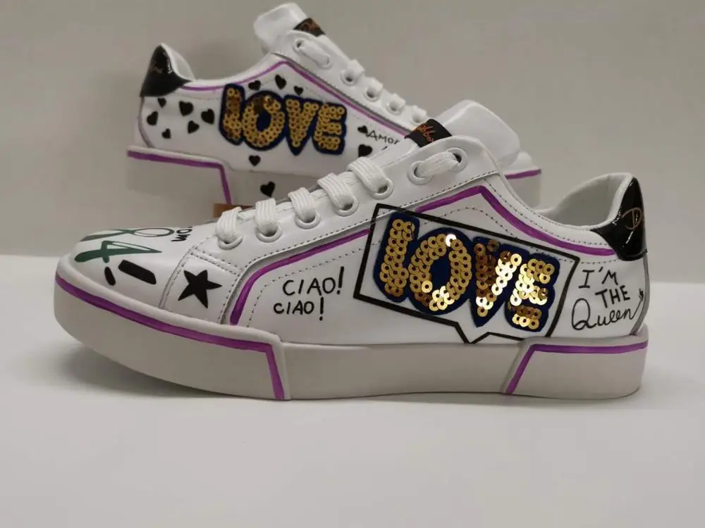 

Sneakers Lace-up Woman and men Casual Shoes Genuine Leather Graffiti Tennis Shoes Red Heart Patchwork Striped Ladies box 35-46