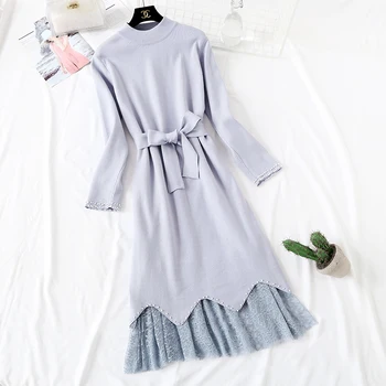 

2019 Spring Women's Long Sleeve O-neck Knitted Dresses Sets with Mid Long Elastic Waist Lace Skirt Retro Two Pieces Sets