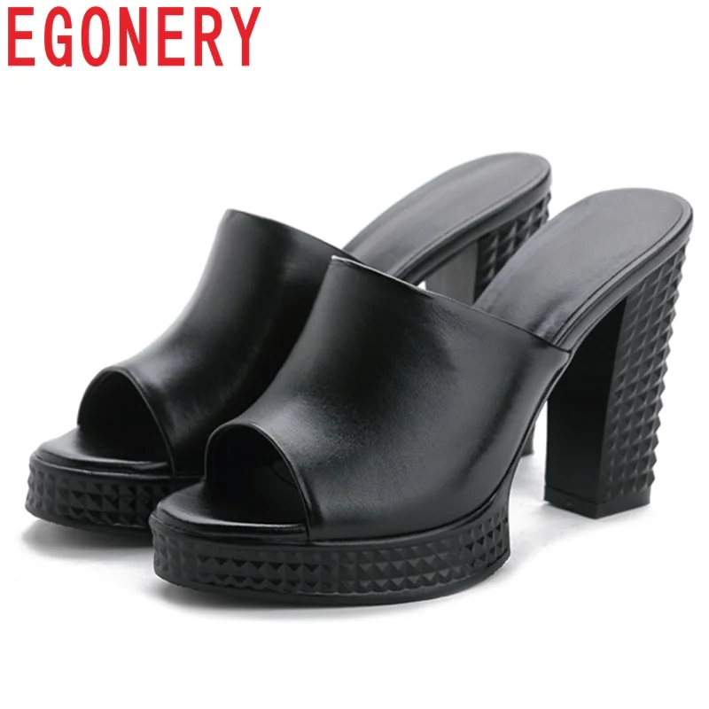 

EGONERY high quality genuine leather woman Slippers party sexy Slides Summer rivet 11 cm Super High Square heels Platform shoes