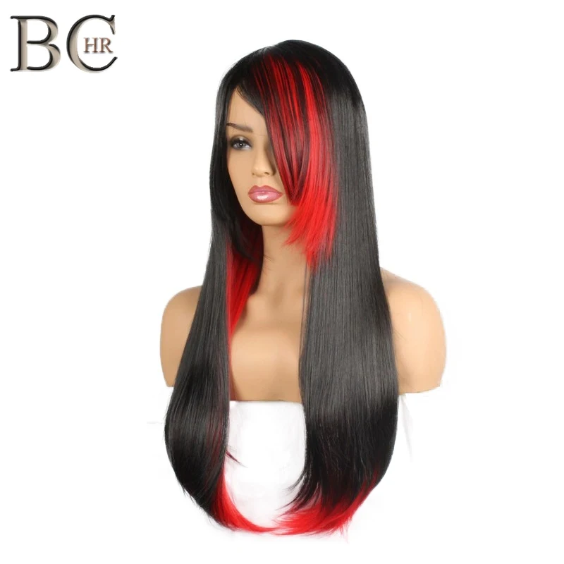 

BCHR Long Straight Synthetic Hair With Side Fringe Heat Resistant Halloween Cosplay Black and Red Wigs For Women