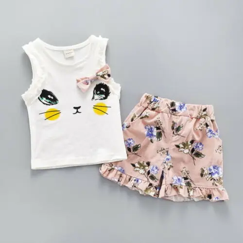 

Toddler Baby Girl Kids Kitten Flowers Tops Shorts Pants Summer Clothes Outfits Sets 0-3T